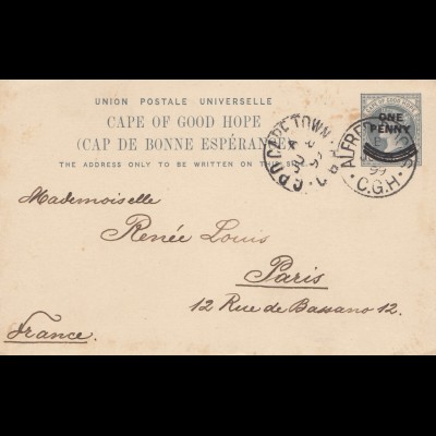 South Africa 1899: post card Cape Town to Paris