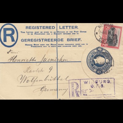 South Africa 1928: registered Winburg to Wolfenbüttel