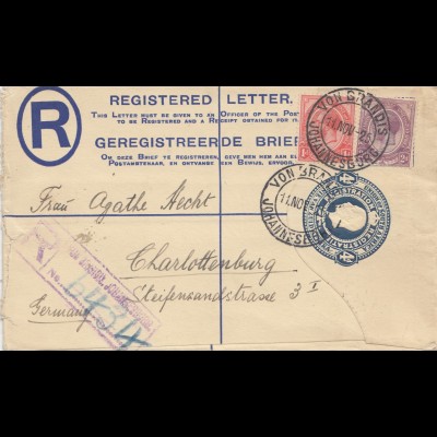 South Africa: 1926: registered letter Johannesburg, von Grandis to Berlin