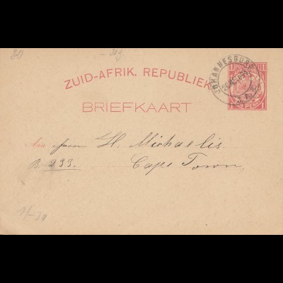 South Africa 1894: post card Johannesburg to Cape Town