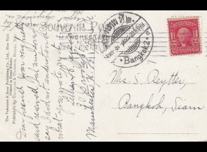 USA 1911: post card Chimney, Amoskeag Mills, Manchester to Bangkok