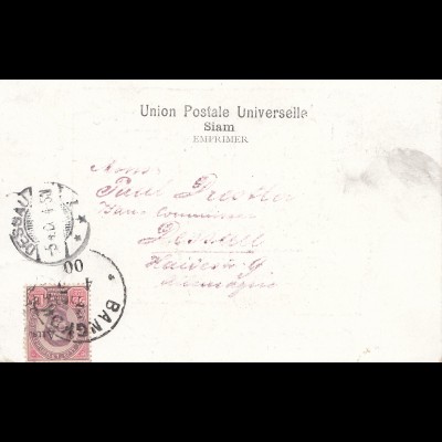 Thailand 1900: post card Balkon, König, Elefanten, to Dessau