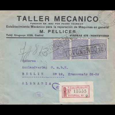 Uruguay 1921: registered Montevideo to Berlin/Germany
