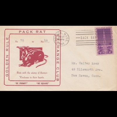 USA 1941: post card Boston, Mass to New Haven, Conn, Pack Rat Exchange Club