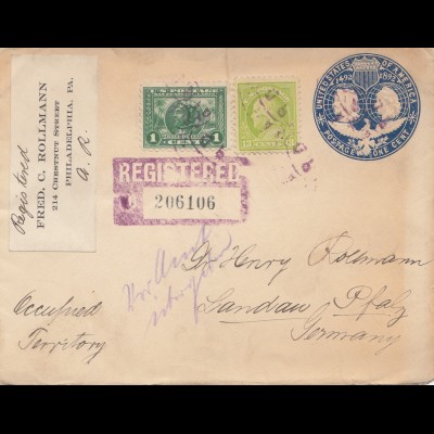 USA 1920: registered Philadelphia to Landau/Germany
