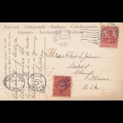 USA 1906: post card Ulm, Ulmer Münster to Wilmington, Del, Tax