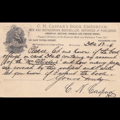 USA 1894: post card Bookseller Milwaukee to New York
