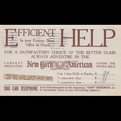 USA 1911: post card advertise in New York American