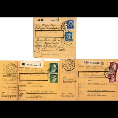 Konvolut von 3 Paketkarte 1942/43 von Grossen, Landshut und Passau