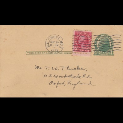 post card Baltimore 1932 to Oxford, England