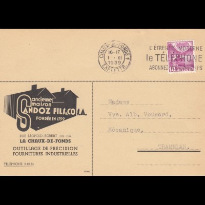 Postkarte Sandoz Chaux de Fonds to Tramelan 1939