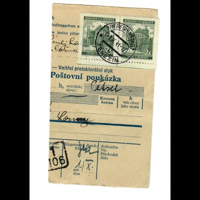 Judaika: B&M 1941: Zahlkartenabschnitt aus Theresienstadt nach Laun