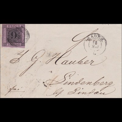 Baden: Brief 1861, mit Text Baden nach Lindenberg. MiNr. 4