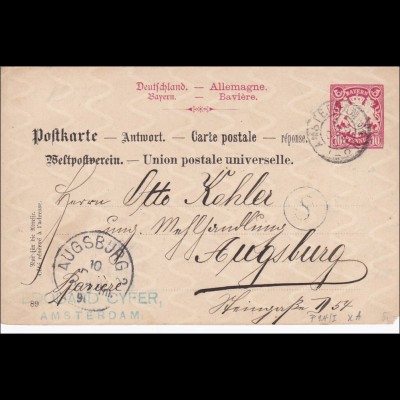 Bayern: 1905: Antwortkarte von Amsterdam nach Augsburg
