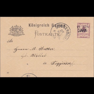 Bayern: 1889: Ganzsache von Bogen nach Deggendorf