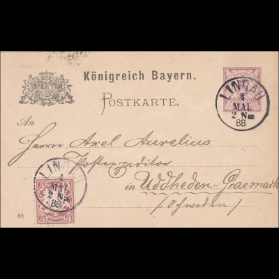 Bayern: 1888: Ganzsache von Lindau nach Uddheden-Grasmark