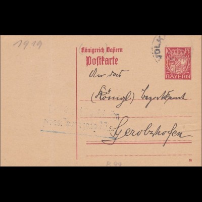 Bayern: 1919: Ganzsache von Rimbach nach Gerolzhofen, P99