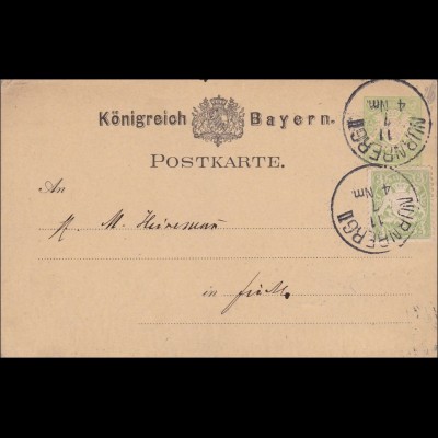 Bayern: 1907: Ganzsache mit Zusatfrankatur von Nürnberg II nach Fürth
