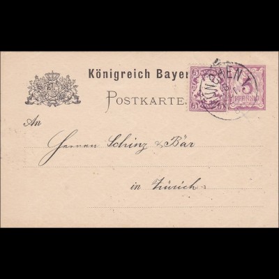 Bayern: 1884: Ganzsache aus München nach Zürich