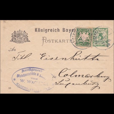Bayern: 1898: Ganzsache von Kaiserslautern nach Colmarburg