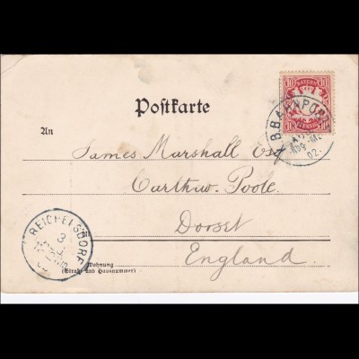 Bayern: 1902: Postkarte von Nürnberg (Bahnpost) nach Dorst in England