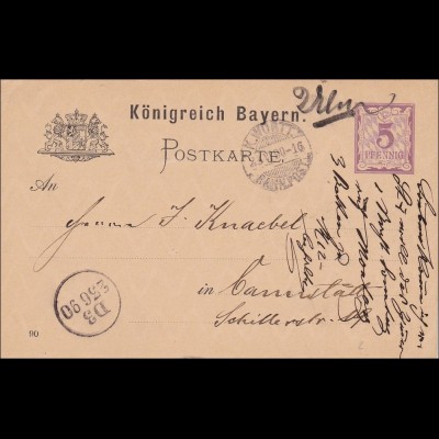Bayern: Ganzsache 1890 von Neu Ulm nach Cannstatt