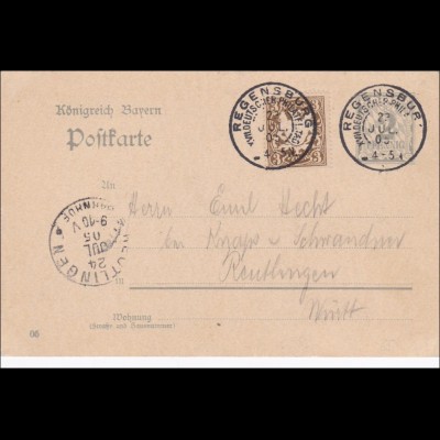 Bayern: Ganzsache 1905 von Regensburg nach Reutlingen (Württ.)