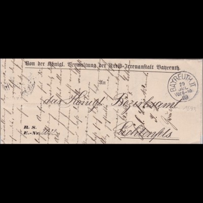 Bayern: Schreiben der Kreis-Irrenanstalt Bayreuth nach Lichtenfels 1888