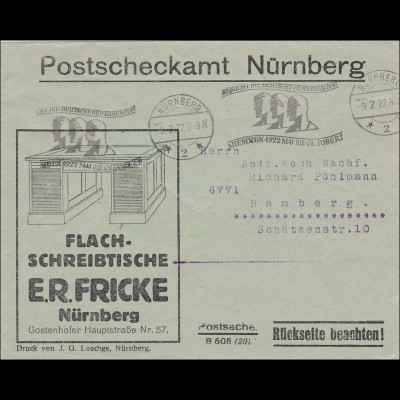 Bayern: 1922: Brief Nürnberg Bamberg Schreibtisch Werbestempel Gewerbeschau