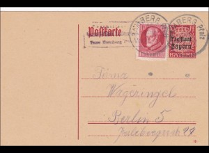 Bayern: 1920 Ganzsache von Bamberg (Pfalz) nach Berlin