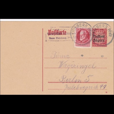 Bayern: 1920 Ganzsache von Ramberg (Pfalz) nach Berlin