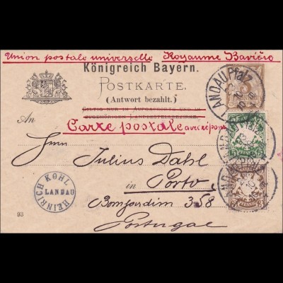 Bayern: 1894 Postkarte, bezahlte Antwort von Landau (Pfalz) nach Portugal