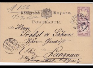Bayern: 1882, Ganzsache von Regensburg nach Langnau/Emmenthal in der Schweiz