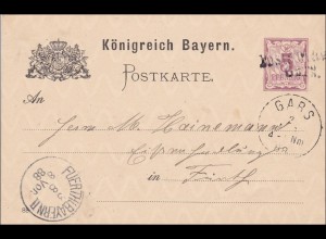 Bayern: 1888, Ganzsache Postablagestelle nach Fürth