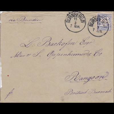 Bayern: 1882, Brief von Nürnberg nach Rangoon (Britisch Burma) über Brindisi