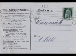 Bayern: 1912, Postkarte von München nach Donauwörth - Butter Ersatz