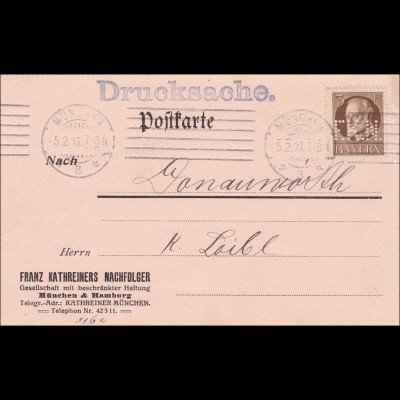 Bayern: 1917, Drucksache Postkarte von München nach Donauwörth - Weinflaschen