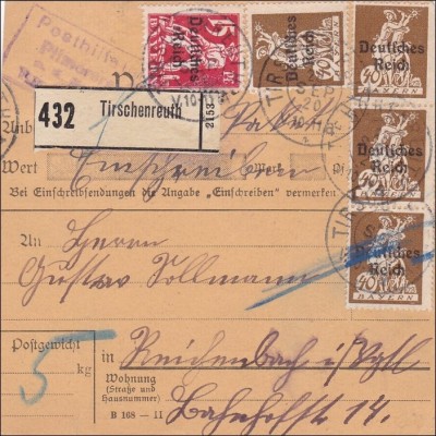Bayern: 1920 Paketkarte Tirschenreuth mit Posthilfsstelle: Seltener Stempel