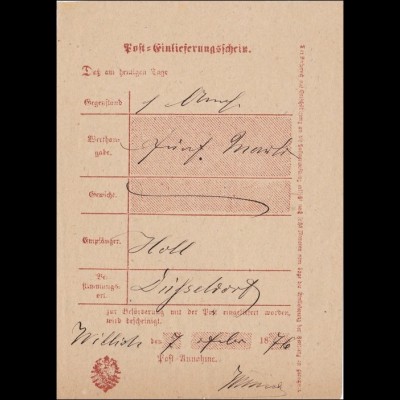 Preussen: Einlieferungsschein von Willich 1876