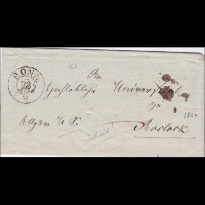 Preussen: Brief von Bonn nach Rostock 1864, innen Text: Von Universität entfernt