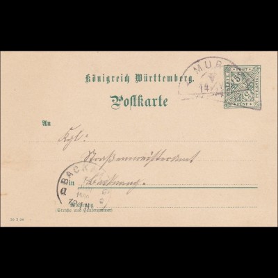 Württemberg: Postkarte von Murr 1900 an einen Ort bei Backnang