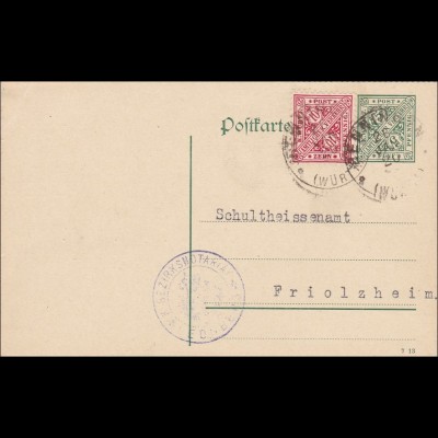 Württemberg: Postkarte Renningen nach Friolsheim 1920