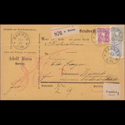 Paketkarte von Barmen über Frankfurt nach Zürich 1885