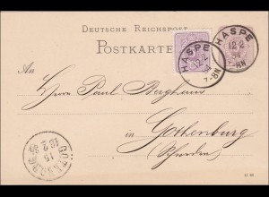 Ganzsache von Haspe nach Gothenburg 1884