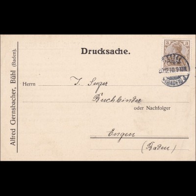 Germania: Drucksachen KarteBühl/Baden-Engen 1910: Angebot Postpaket-Schnürfaden