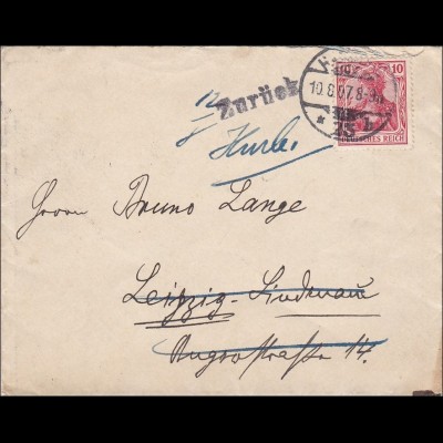 Germania: Brief von Hamburg nach Leipzig und zurück 1907
