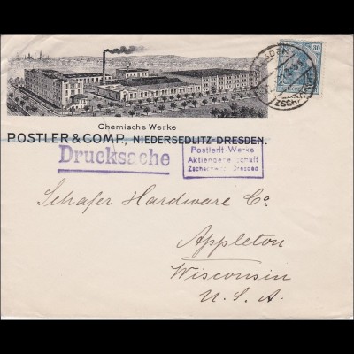 Germania: Drucksache Brief von Dresden /Zschachwitz nach USA 1921 Chemie