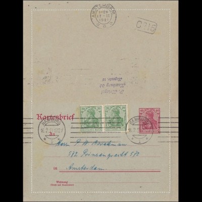 Germania: Kartenbrief von Hamburg nach Amsterdam 1921 - Ganzsache