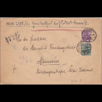 Germania: Wertbrief vorausbezahlte Zustellgebühr Hildesheim-Hannover, BPP 1918