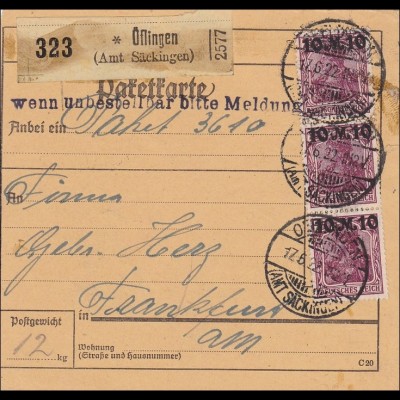 Germania: Paketkarte Öflingen-Frankfurt MiNr.157II, MeF, signiert Infla